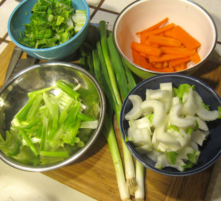 Scallions, bok choy leaves, carrots, bok choy stems