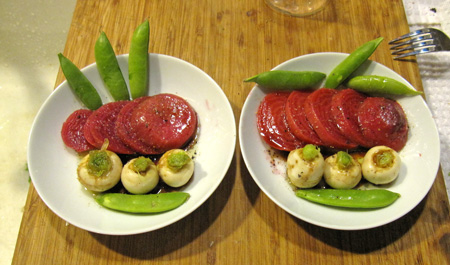 composed salad of chioggia beets, tokyo turnips, snap peas