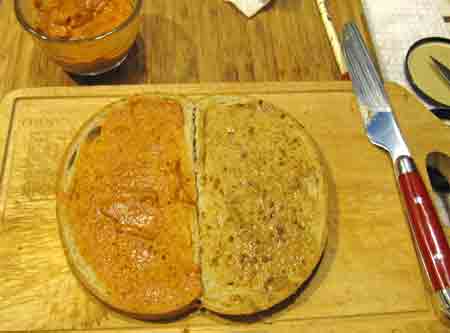 Just for variety, I slathered one with that Tomato Coulis and the other with Raye’s Brown Ginger Mustard (or use your spread of choice).