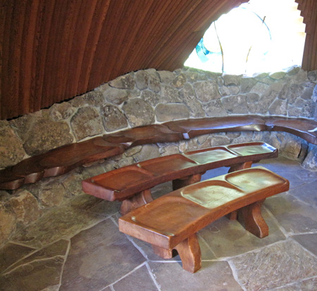 The benches are sculpted for comfort.