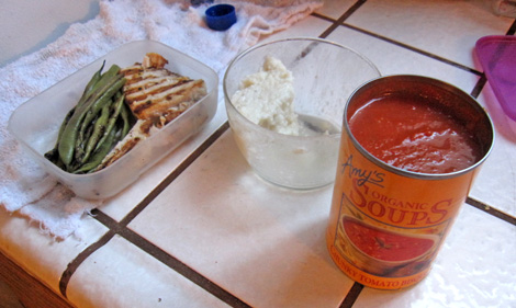 swordfish and beans, grits, tomato bisque