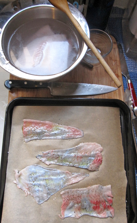 here's my cod skin and the fish resting in brine