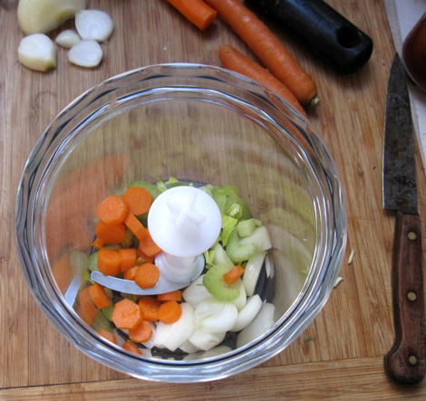 the aromatics - onion celelry carrot - to chop