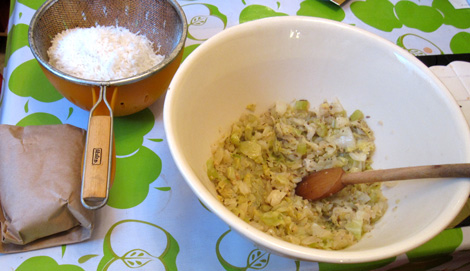 stuffing mixture cools awaiting meat and rice